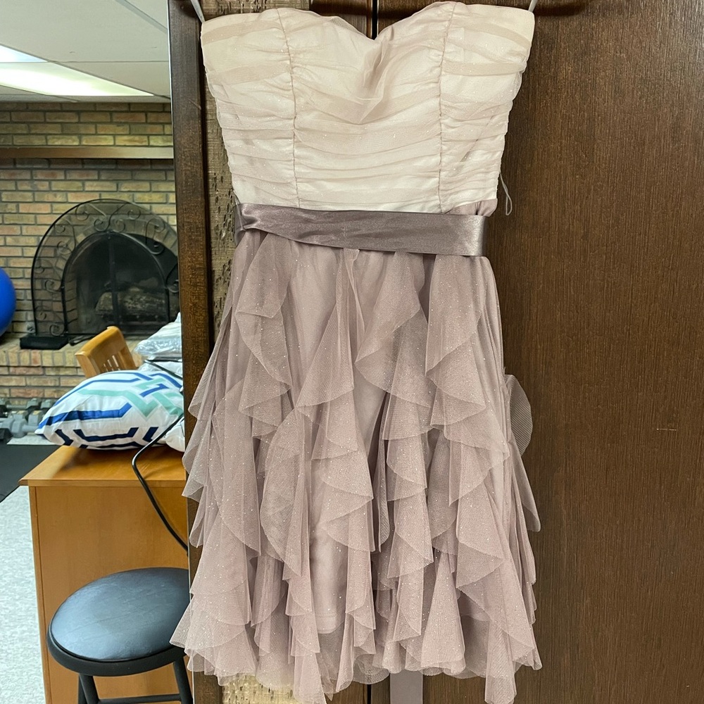 Glitter dress, purple undertones, strapless, belt can be on or off